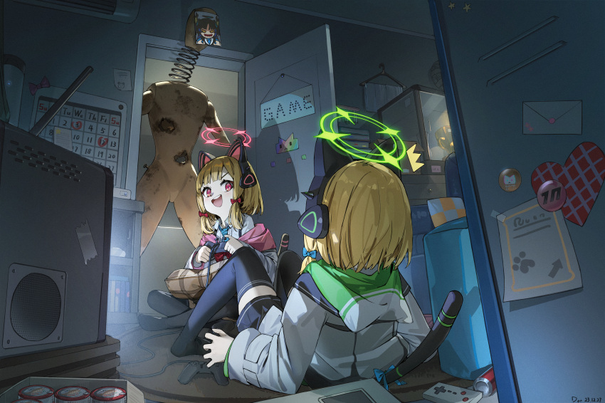 2girls absurdres animal_ear_headphones animal_ears black_skirt black_thighhighs blonde_hair blue_archive calendar_(object) can cat_tail character_request coil-head_(lethal_company) controller door dor_m drink_can fake_animal_ears game_controller green_halo halo headphones heart highres indoors jacket lethal_company long_sleeves midori_(blue_archive) momoi_(blue_archive) multiple_girls pink_halo pleated_skirt red_eyes short_hair skirt soda_can tail television thighhighs trophy white_jacket yuuka_(blue_archive)