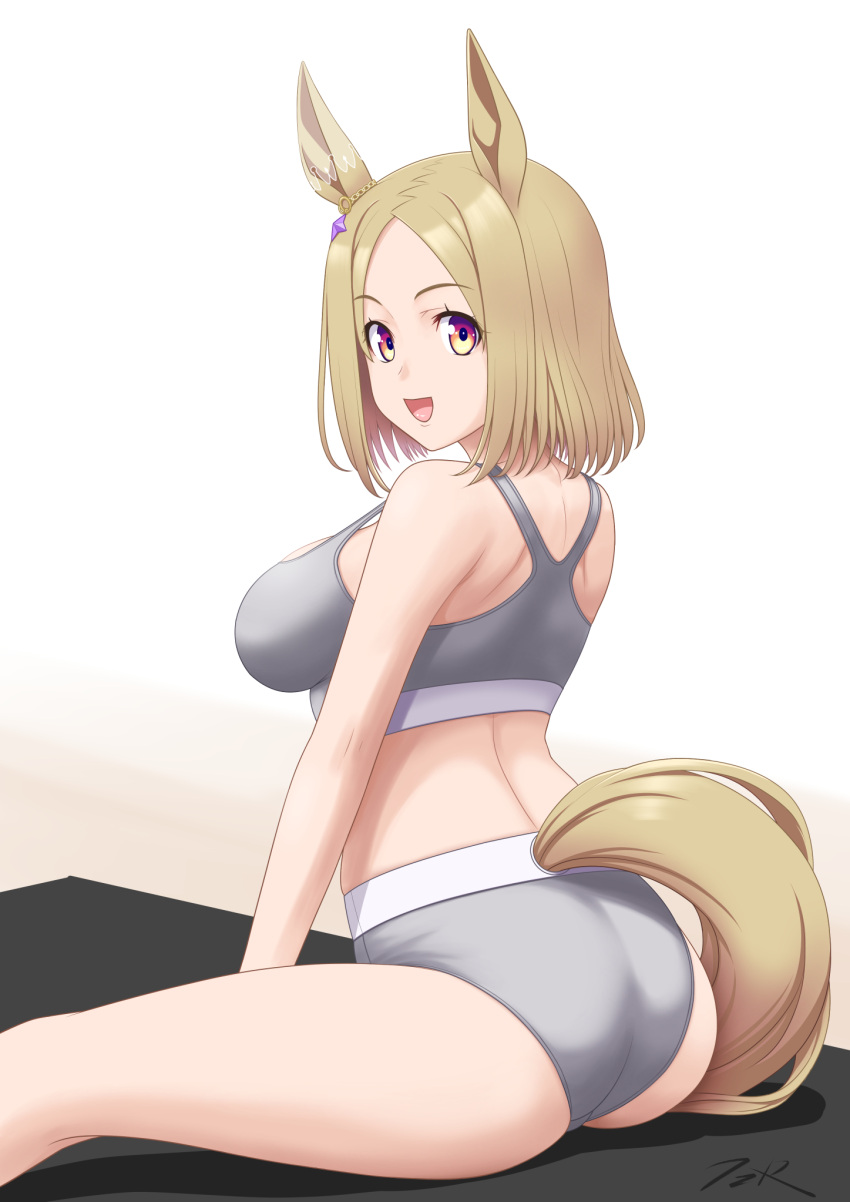 1girl animal_ears ass blonde_hair breasts feet_out_of_frame from_behind grey_panties grey_sports_bra highres horse_ears horse_girl horse_tail large_breasts looking_at_viewer narita_top_road_(umamusume) panties red_eyes short_hair smile solo sports_bra t2r tail umamusume underwear white_background