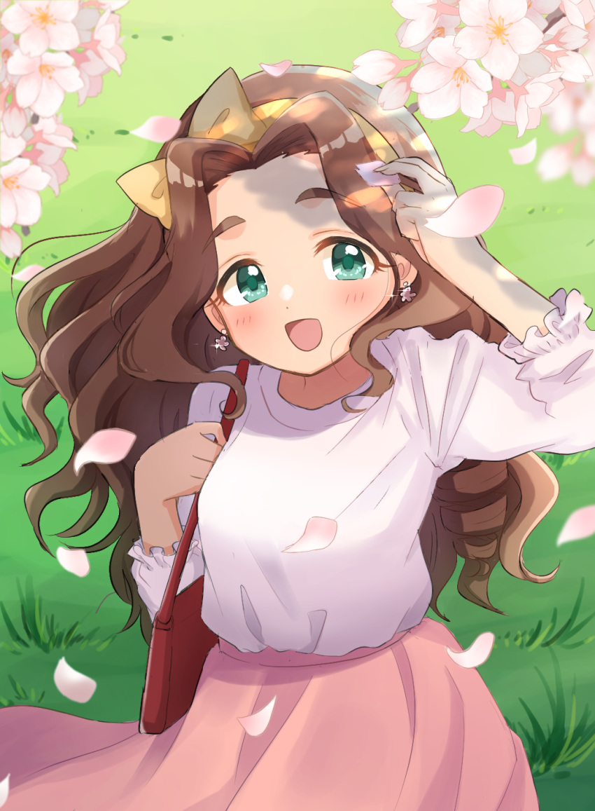 1girl bag blush bow breasts brown_hair cherry_blossoms day dot_nose earrings falling_petals glint green_eyes hair_bow hand_up highres holding_strap idolmaster idolmaster_cinderella_girls idolmaster_cinderella_girls_starlight_stage jewelry kahiika kusakabe_wakaba long_hair long_sleeves looking_at_viewer on_grass open_mouth outdoors petals pink_skirt ribbon shirt shoulder_bag skirt small_breasts smile solo thick_eyebrows wavy_hair white_shirt yellow_ribbon