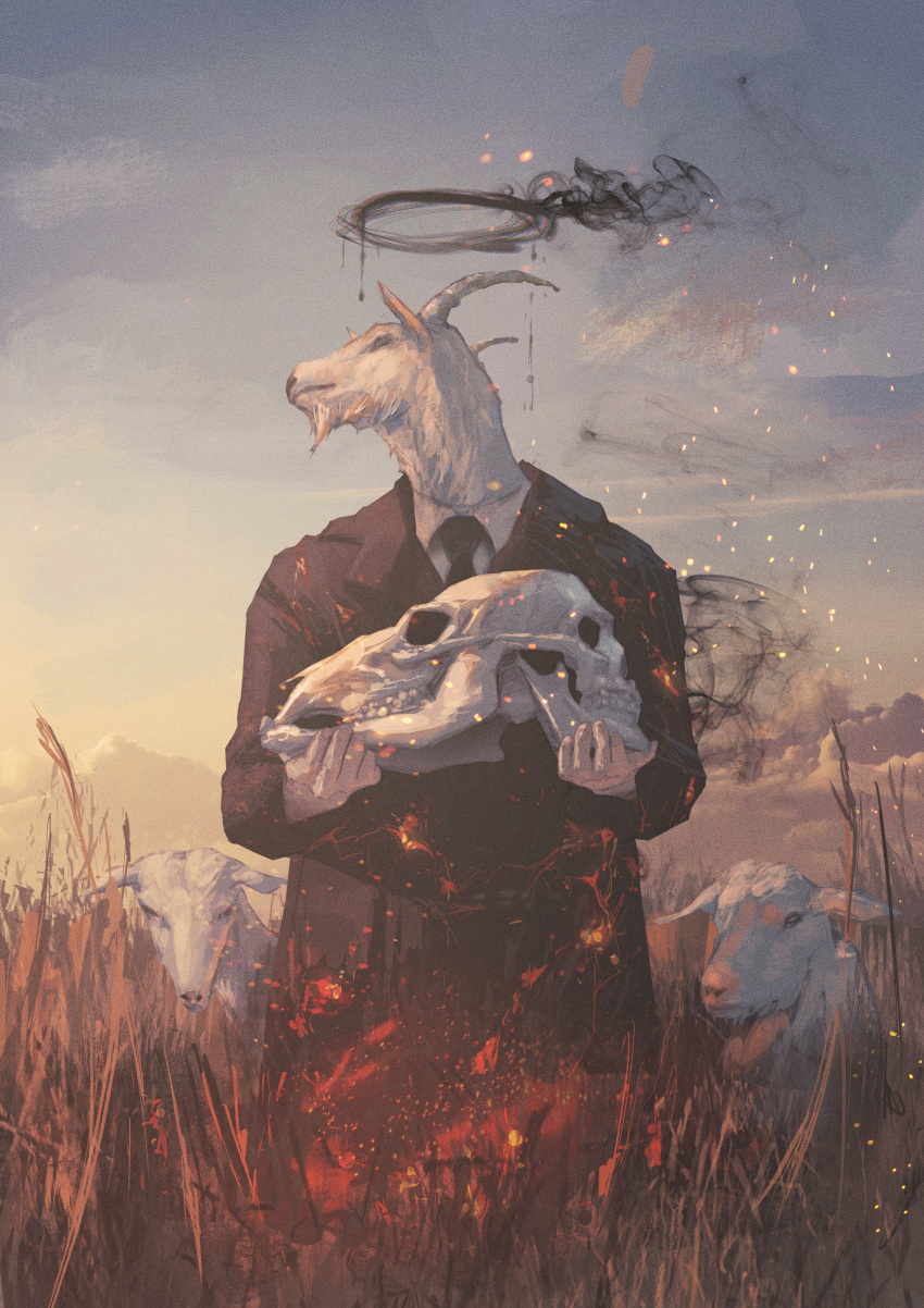 absurdres animal black_halo black_suit dusk fantasy furry goat goat_horns gradient_sky grass halo highres horns looking_to_the_side neg_(101neg) original skull sky suit tall_grass