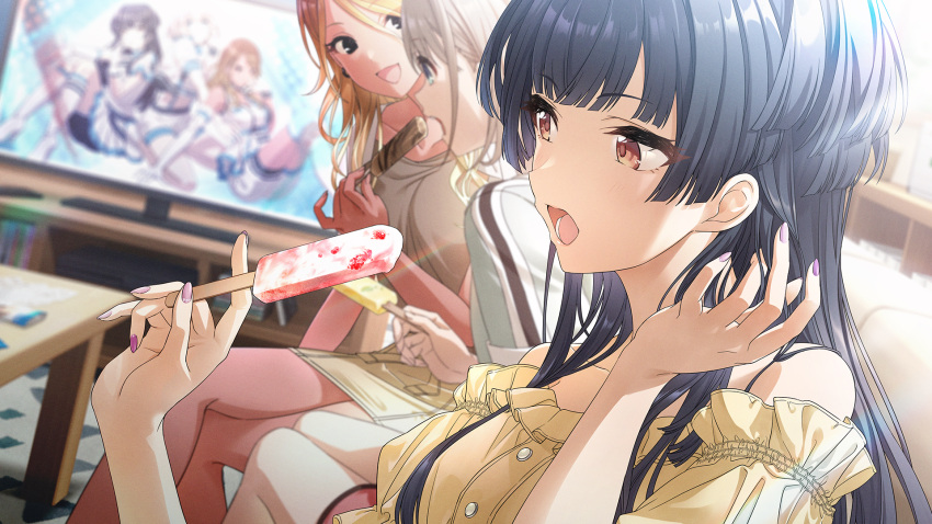 3girls bare_shoulders black_hair blonde_hair blue_eyes blunt_bangs blunt_ends blurry blurry_background bob_cut brown_eyes buttons collarbone couch dark_skin earrings fingernails food friends frilled_shirt frills grey_hair gyaru hair_over_shoulder hand_in_own_hair highres holding holding_food ice_cream_bar idol idolmaster idolmaster_shiny_colors idolmaster_shiny_colors_song_for_prism indoors izumi_mei jewelry long_hair looking_ahead looking_at_another mayuzumi_fuyuko multiple_girls off_shoulder official_art open_mouth pink_nails serizawa_asahi shirt short_hair short_sleeves sidelocks sitting skirt smile straylight_(idolmaster) sunlight table television two_side_up