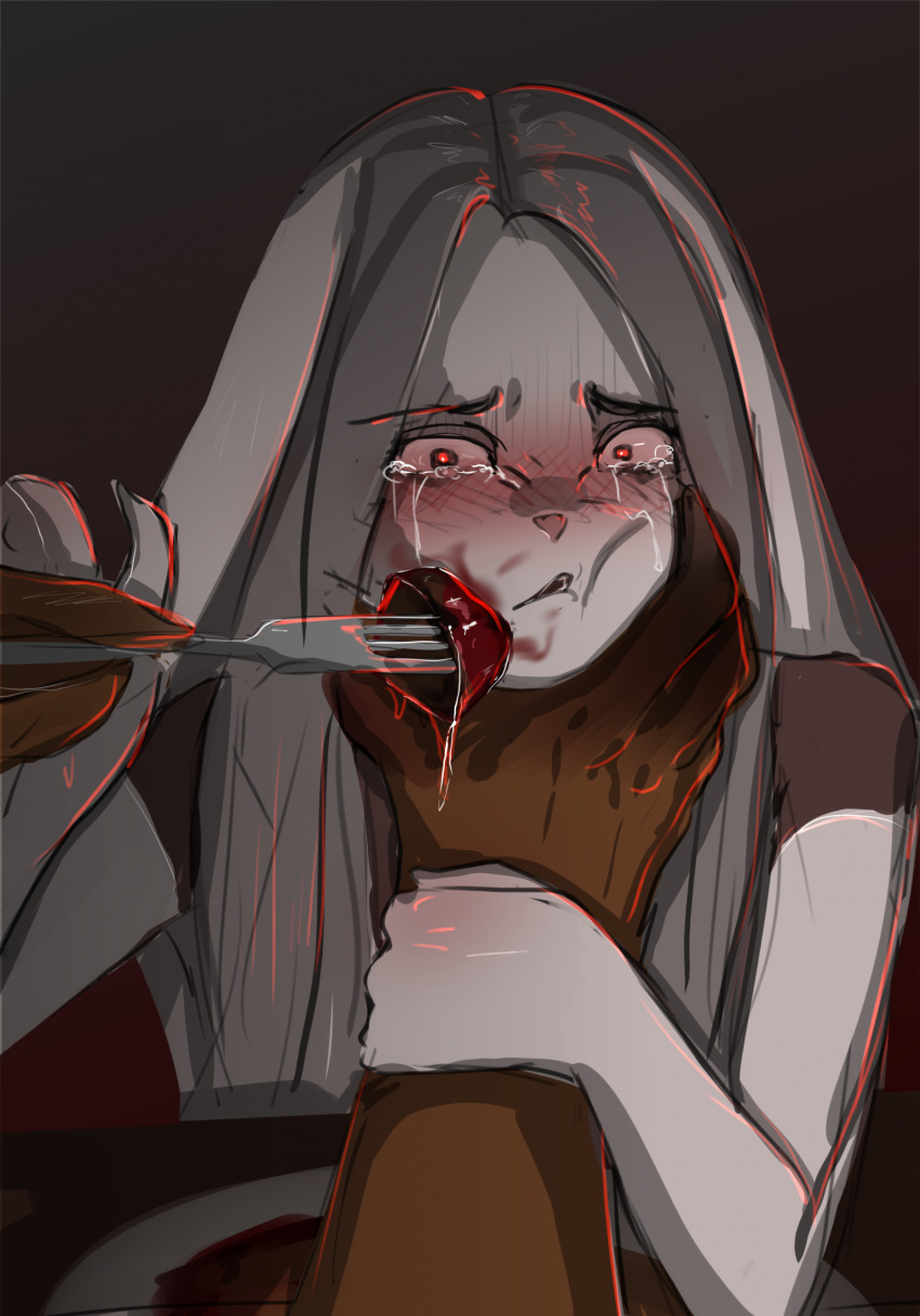 anthro blood blush bodily_fluids canid canine cannibalism clothed clothing death duo female forced fox gore hair hi_res kais_(yourumi) lagomorph leporid male male/female mammal mieri_(yourumi) open_mouth rabbit simple_background size_difference submissive tears yourumi