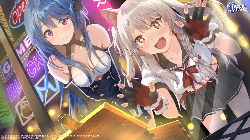 +_+ 2girls :d absurdres against_glass ahoge animal_ears asymmetrical_hair azur_lane black_skirt blue_dress blue_hair blurry blurry_background blush bow bowtie braid breasts buttons cleavage closed_mouth cowboy_shot criss-cross_halter detached_sleeves dog_ears double-breasted dress fang fingerless_gloves gloves grey_hair halterneck headgear helena_(azur_lane) highres leaning_forward light_rays long_hair medium_breasts midriff miniskirt multiple_girls neck_ribbon neon_lights official_art open_box open_mouth pleated_skirt purple_eyes red_bow red_bowtie red_eyes red_gloves ribbon sailor_collar school_uniform second-party_source serafuku shirt short_sleeves side_braid single_braid skin_fang skirt smile sparkle sparkling_eyes standing thick_eyebrows two_side_up unasaka_ryou white_shirt wind yuudachi_(azur_lane)