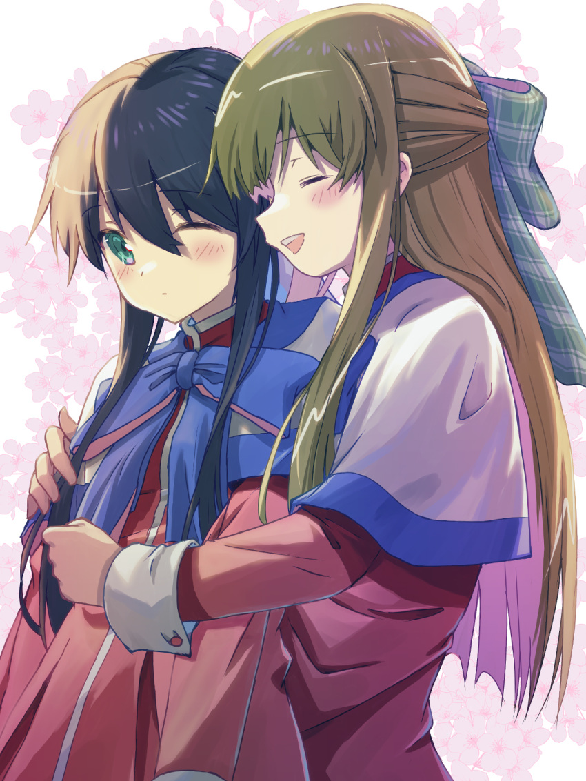 2girls akayama_yukihe backlighting black_hair blue_bow blunt_ends blush bow capelet closed_eyes closed_mouth commentary_request dress expressionless floral_background friends green_eyes hair_between_eyes happy highres hug hug_from_behind kanon kawasumi_mai kurata_sayuri light_brown_hair long_hair long_sleeves looking_at_another multiple_girls one_eye_closed open_mouth red_dress school_uniform sidelocks simple_background smile straight_hair teeth upper_body upper_teeth_only very_long_hair white_background white_capelet
