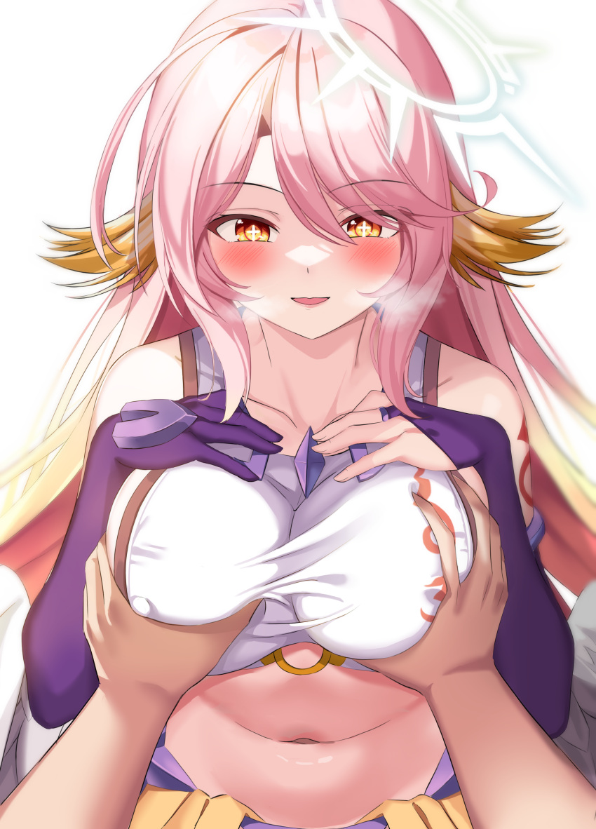 1boy 1girl absurdres angel angel_wings animal_ears bird_ears blush breasts commentary commission compass_rose_halo crop_top cross english_commentary feathered_wings gloves grabbing grabbing_another's_breast gradient_hair hair_between_eyes halo hands_on_own_chest hetero highres jibril_(no_game_no_life) large_breasts long_hair looking_at_viewer low_wings magic_circle midriff mixed-language_commentary multicolored_hair navel no_game_no_life open_mouth pink_hair pov smile stomach symbol-shaped_pupils tattoo twinkly717 very_long_hair white_wings wing_ears wings yellow_eyes