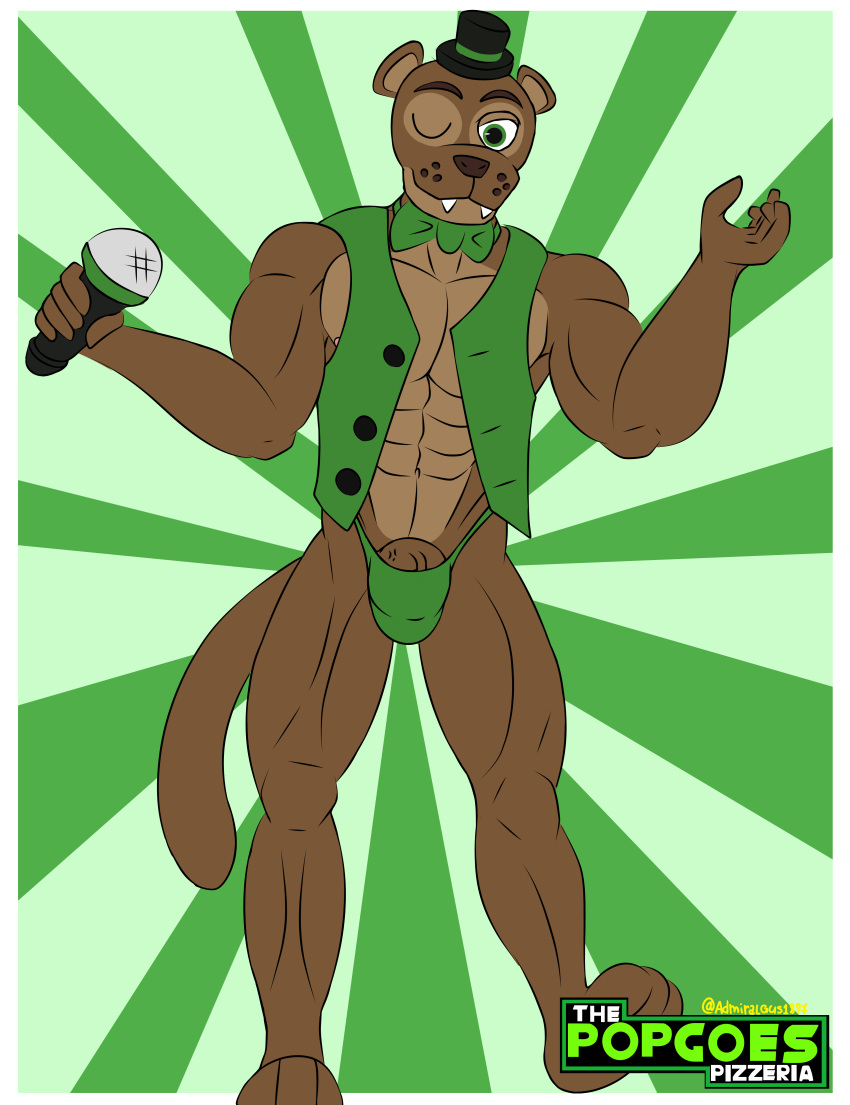 abs absurd_res admiralgus1897 anthro biceps bow_tie clothed clothing electronics fazbear_fanverse five_nights_at_freddy's hat headgear headwear hi_res looking_at_viewer male mammal microphone muscular muscular_male mustelid musteline one_eye_closed open_clothing pecs popgoes popgoes_evergreen popgoes_the_weasel scottgames sharp_teeth solo teeth thong top_hat true_musteline underwear weasel wink