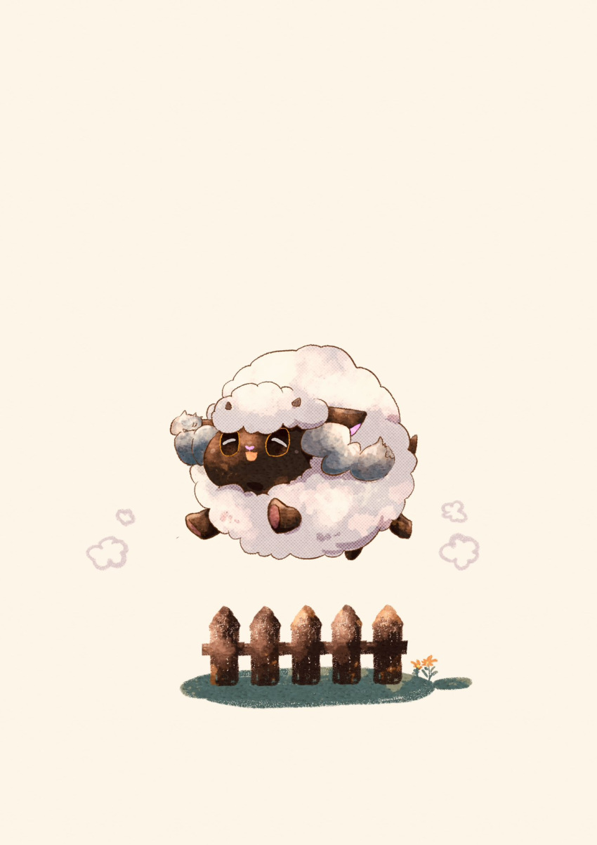 animal_focus artist_name commentary fence highres horizontal_pupils jumping no_humans pokemon pokemon_(creature) sheep simple_background twitter_username white_background wooden_fence wool wooloo zozozoshion