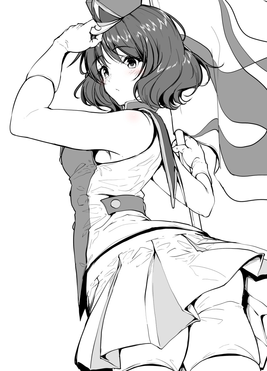 1girl blush commentary_request cowboy_shot flag gloves hat hibike!_euphonium highres holding holding_clothes holding_flag holding_hat looking_back marching_band military_hat mokufuu monochrome oumae_kumiko short_hair shorts shorts_under_skirt sleeveless solo upskirt white_background