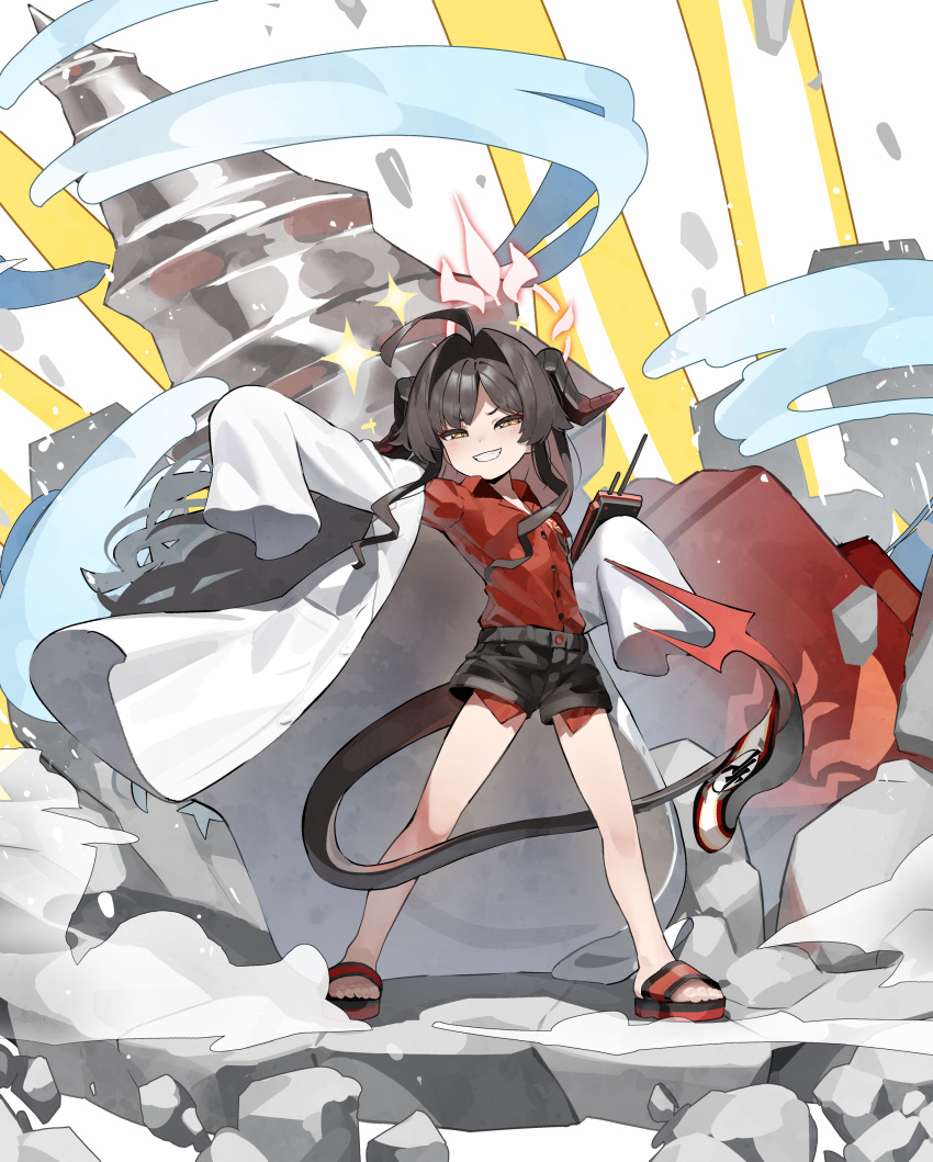 1girl absurdres ahoge black_hair black_horns black_shorts black_tail blue_archive coat collared_shirt demon_horns drill full_body grin hair_intakes highres horns kasumi_(blue_archive) lab_coat long_hair monosenbei open_clothes open_coat red_shirt sandals shirt shirt_tucked_in shorts sleeves_past_fingers sleeves_past_wrists smile solo standing white_coat yellow_eyes