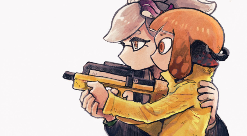 2girls 79x_(ox79xo) agent_4_(splatoon) aiming domino_mask guiding_hand hand_on_another's_shoulder hero_shot_(splatoon_2) inkling inkling_girl jacket marie_(splatoon) mask multiple_girls orange_eyes orange_hair simple_background splatoon_(series) splatoon_2 squidbeak_splatoon tentacle_hair upper_body white_background yellow_eyes yellow_jacket