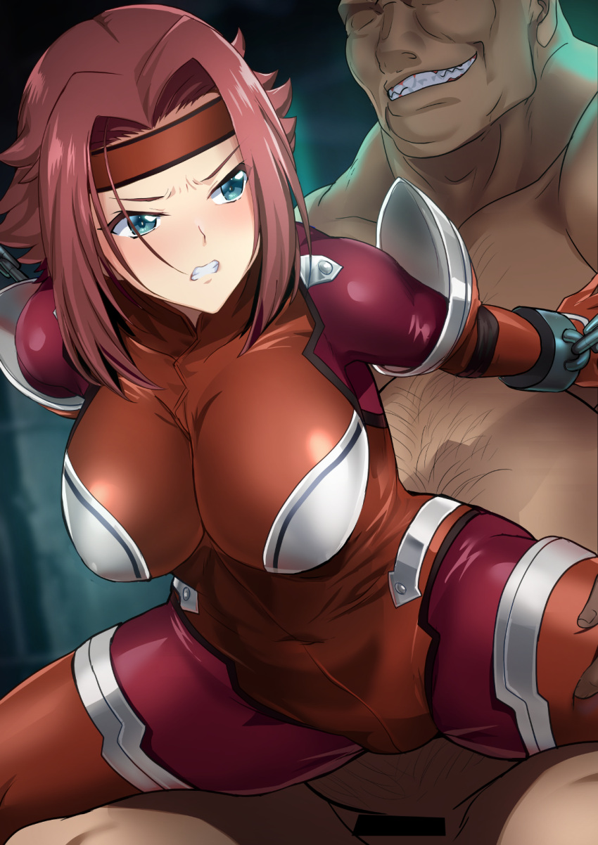 1boy 1girl bar_censor bodysuit breasts censored clenched_teeth clothed_female_nude_male code_geass collarbone covered_navel glaring green_eyes grin headband highres imminent_rape impossible_bodysuit impossible_clothes kallen_stadtfeld large_breasts looking_at_another looking_back nude onigirikun parted_bangs red_bodysuit red_hair red_headband restrained reverse_upright_straddle scowl shiny_clothes short_hair skin_tight smile spread_legs teeth ugly_man