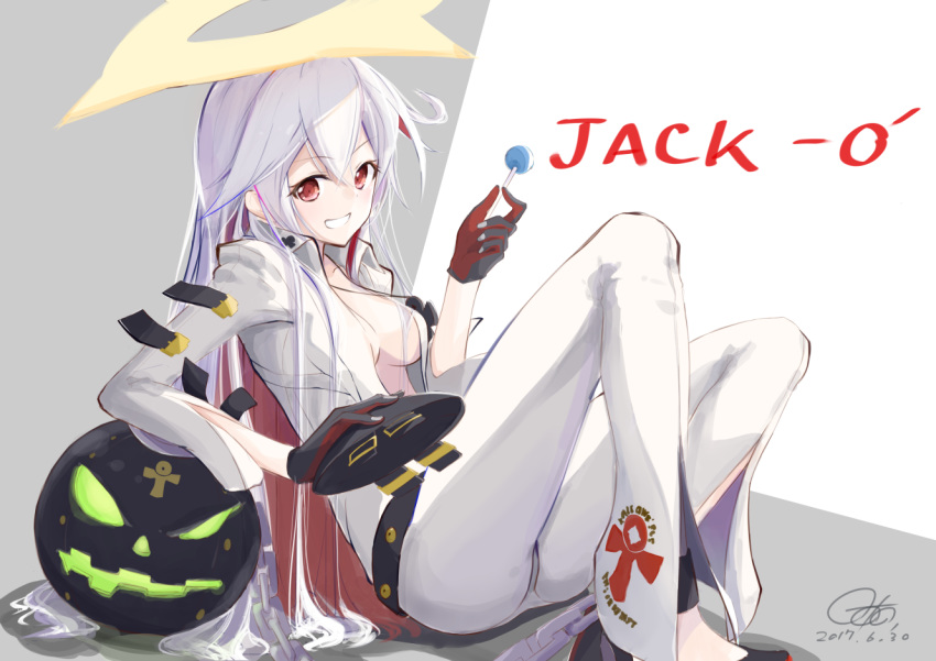 2017 belt blush breasts candy character_name collared_shirt dated eyebrows_visible_through_hair food gloves gotou_(go_to_1014) grin guilty_gear hair_between_eyes halo holding holding_food jack-o'_valentine jewelry lollipop long_hair medium_breasts necklace number pants red_eyes shirt signature sitting smile solo two-tone_gloves v-shaped_eyebrows very_long_hair white_hair white_pants white_shirt wing_collar