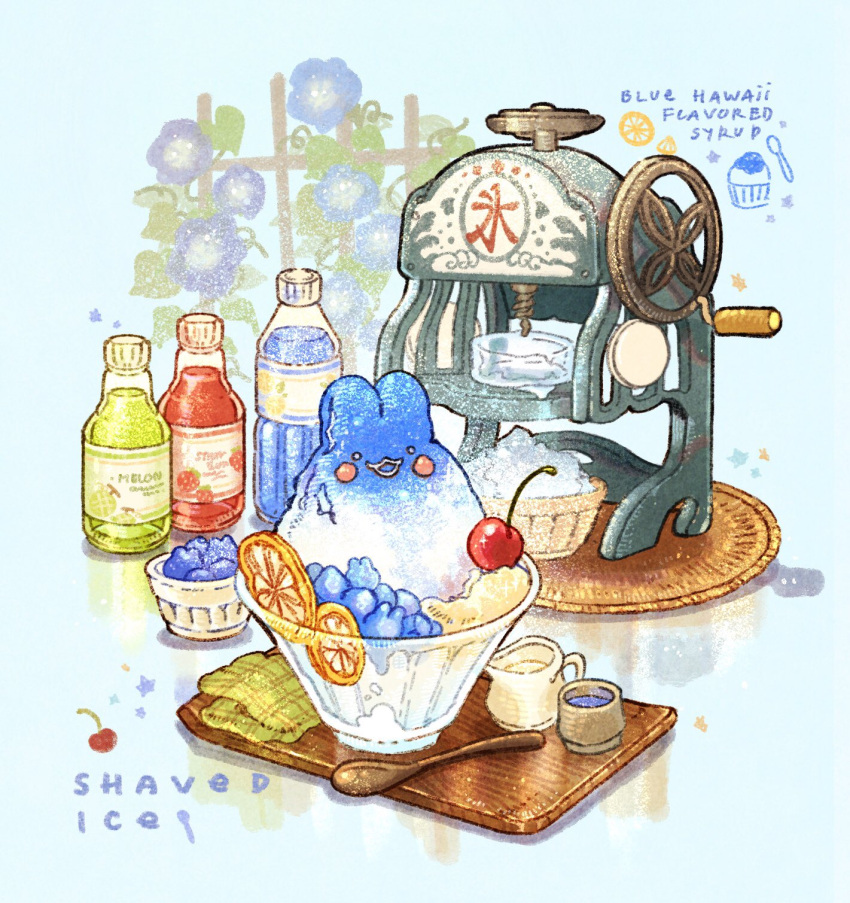 animal-themed_food blue_background blue_flower blue_hawaii bottle cherry commentary english_commentary english_text flower food food_focus fruit glass highres machine nao_(bestrollever) napkin no_humans object_focus orange_(fruit) orange_slice original rabbit reflective_floor shadow shaved_ice simple_background spoon star_(symbol) summer