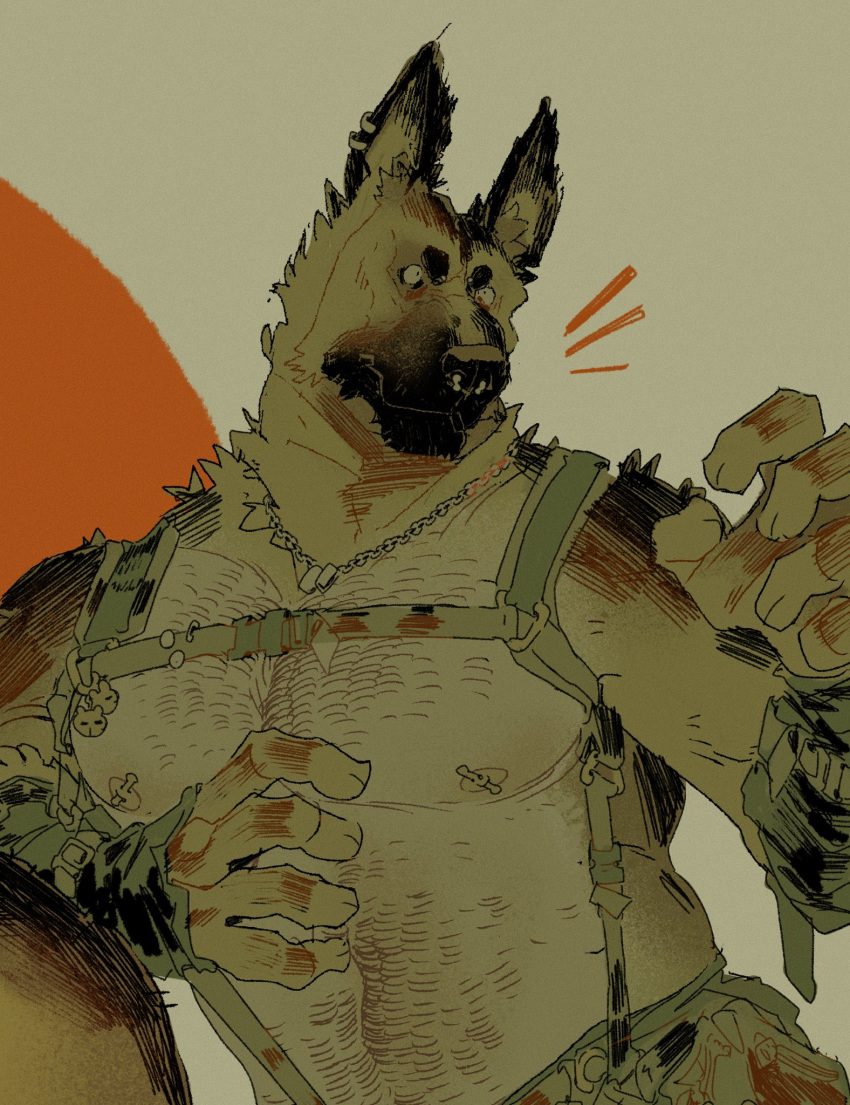 1boy animal_ear_piercing animal_ears animal_nose bara barbell_piercing belly big_squid_man border chain_necklace chest_hair circle closed_mouth dog_boy dog_ears dog_tags film_grain furry furry_male german_shepherd hands_up harness hatching_(texture) highres jewelry knockout_(big_squid_man) limited_palette linear_hatching looking_up male_focus muscular muscular_male necklace nipple_piercing nose_piercing original pectorals piercing rabbit_ornament sepia_background simple_background snap-fit_buckle snout solo upper_body