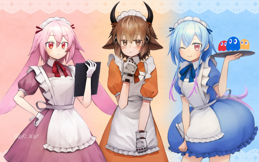 3boys :&lt; alternate_costume animal_ears ansel_(arknights) apron arknights artist_name bison_(arknights) blinky_(pac-man) blue_background blue_dress blue_hair blue_ribbon blush brown_eyes brown_hair clipboard closed_mouth clyde_(pac-man) commentary_request cow_boy cow_ears cow_horns crossdressing dress enmaided frilled_apron frills ghost gloves gradient_hair hair_between_eyes hand_on_own_hip hand_up highres holding holding_clipboard holding_tray horns inky_(pac-man) looking_at_viewer maid maid_apron maid_headdress male_focus mizuki_(arknights) moribe_denkou multicolored_hair multiple_boys neck_ribbon one_eye_closed orange_background orange_dress orange_ribbon otoko_no_ko pac-man_(game) pink_background pink_eyes pink_hair puffy_short_sleeves puffy_sleeves purple_dress purple_hair rabbit_boy rabbit_ears red_eyes red_ribbon ribbon short_hair short_hair_with_long_locks short_sleeves sidelocks signature simple_background smile tray twitter_username two-tone_hair white_apron white_gloves