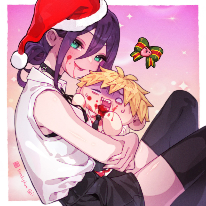 1boy 1girl bare_shoulders black_choker black_hair black_necktie black_ribbon black_shorts black_thighhighs blonde_hair blood blood_from_mouth blood_on_face chainsaw_man choker christmas closed_mouth collared_shirt denji_(chainsaw_man) english_commentary green_eyes hair_between_eyes hair_bun hat highres hug instagram_username lianbiglian looking_at_viewer mini_person miniboy neck_ribbon necktie open_mouth reze_(chainsaw_man) ribbon santa_hat sharp_teeth shirt shorts sidelocks single_hair_bun sitting size_difference sleeveless sleeveless_shirt smile teeth thighhighs tongue tongue_out white_shirt