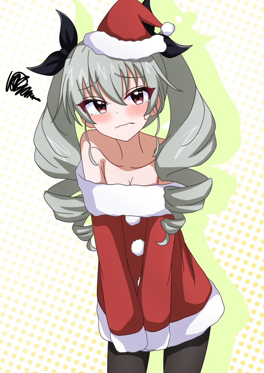 1girl absurdres anchovy_(girls_und_panzer) bare_shoulders black_pantyhose black_ribbon blush christmas closed_mouth commentary cowboy_shot dress dress_tug drill_hair frown fur-trimmed_dress fur-trimmed_headwear fur_trim girls_und_panzer green_hair hair_ribbon hat highres long_hair long_sleeves looking_at_viewer motti_(motthi0711) off-shoulder_dress off_shoulder pantyhose red_eyes ribbon santa_dress santa_hat short_dress solo squiggle standing sweatdrop tearing_up tilted_headwear twin_drills twintails