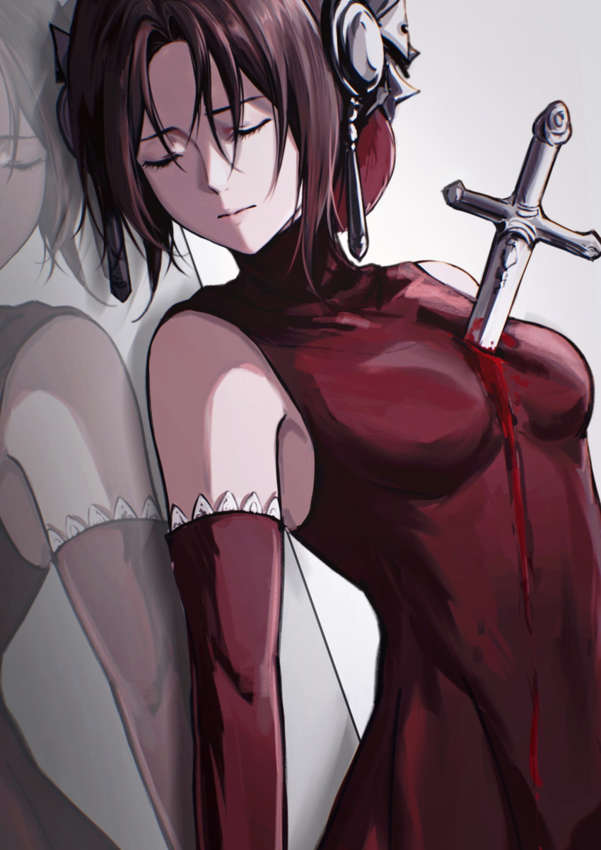 1girl blood blood_on_body blood_on_chest breasts brown_hair character_request chinese_commentary closed_eyes closed_mouth collarbone commentary dagger detached_sleeves drag-on_dragoon drag-on_dragoon_1 dress hair_ornament highres ikooto111 injury knife lying medium_breasts on_side red_dress red_sleeves reflection reflective_floor skin_tight sleeveless sleeveless_dress solo stab updo weapon