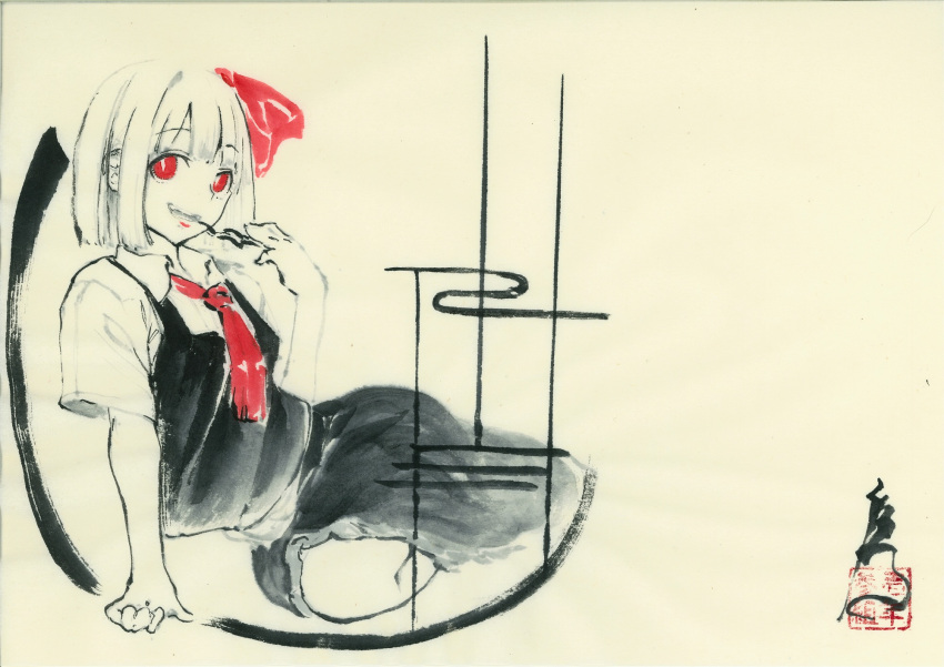 1girl arm_support ascot black_skirt bob_cut bow collared_shirt commentary_request greyscale hair_bow highres ink_(medium) ink_wash_painting looking_at_viewer monochrome red_ascot red_bow red_eyes rumia shirt short_hair short_sleeves sitting skirt spot_color takaharuti touhou traditional_media vest yokozuwari