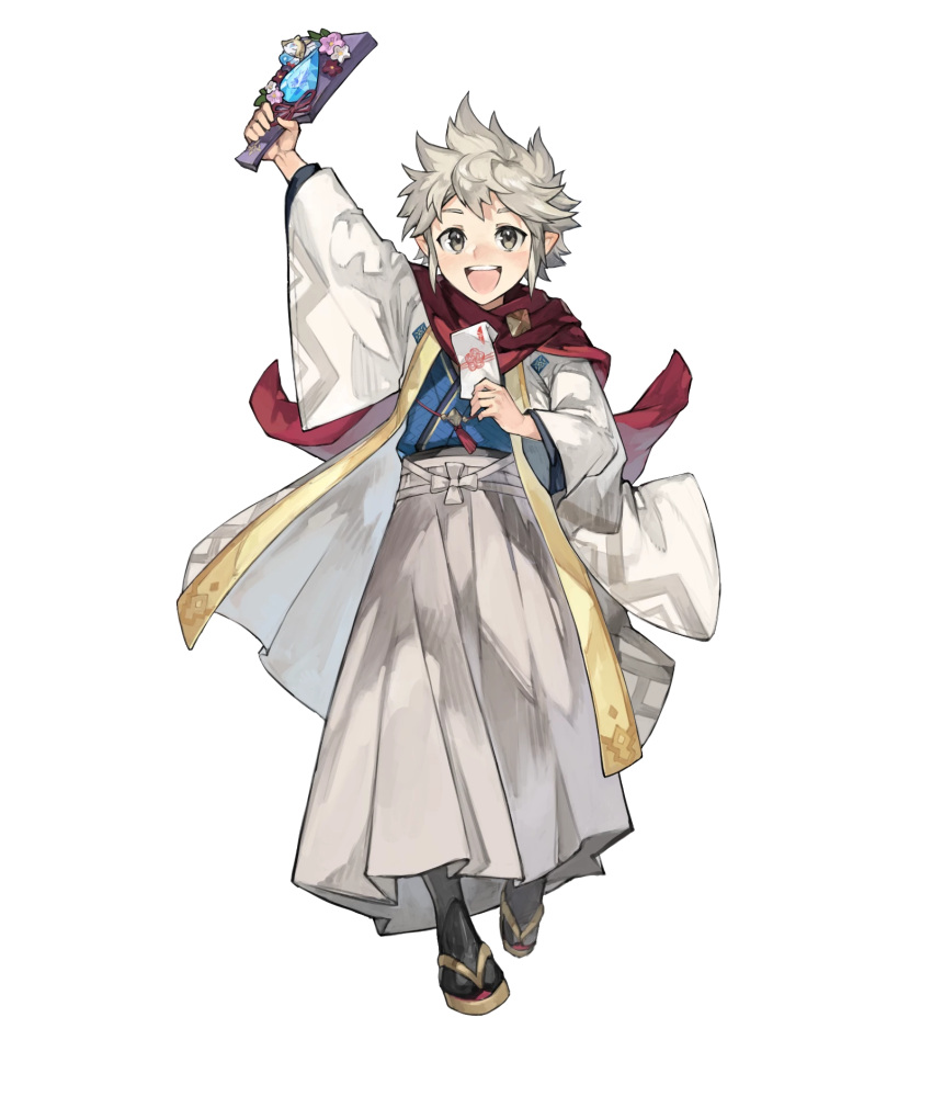 1boy dragonstone envelope fire_emblem fire_emblem_fates fire_emblem_heroes grey_eyes hagoita highres holding holding_envelope japanese_clothes kana_(fire_emblem) kana_(male)_(fire_emblem) kana_(male)_(rising_dragon)_(fire_emblem) kimono looking_at_viewer non-web_source official_alternate_costume official_art open_mouth paddle scarf smile solo spiked_hair white_hair