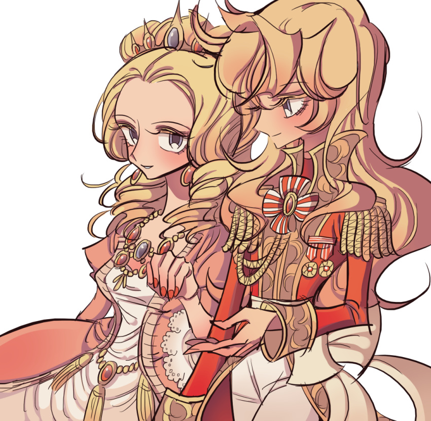 2girls aiguillette androgynous blonde_hair breasts closed_mouth cowboy_shot dress earrings epaulettes grey_eyes jacket jewelry long_hair long_sleeves looking_at_another looking_at_viewer marie_antoinette_(versailles_no_bara) medal medium_breasts meremero multiple_girls necklace open_mouth oscar_francois_de_jarjayes pants parted_lips pink_dress red_jacket reverse_trap simple_background smile standing tassel tiara versailles_no_bara white_background white_pants