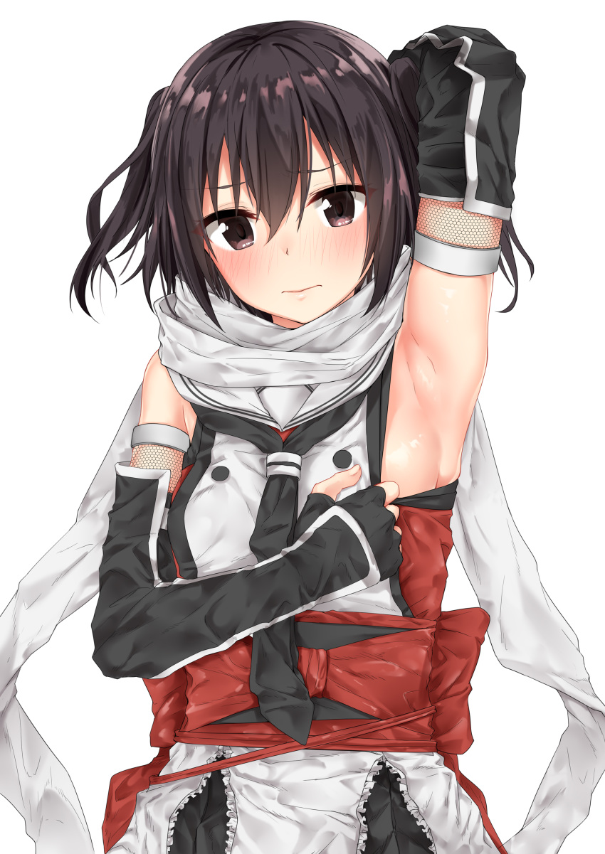 absurdres arm_up armpits black_gloves blush brown_eyes brown_hair double-breasted elbow_gloves fingerless_gloves gloves highres jaku_denpa kantai_collection remodel_(kantai_collection) scarf sendai_(kantai_collection) solo two_side_up upper_body white_scarf