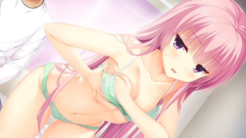 1girl adjusting_bra adjusting_clothes ass_visible_through_thighs bangs bent_over blunt_bangs blush bra breast_padding breasts cleavage collarbone cowboy_shot dutch_angle eyebrows_visible_through_hair game_cg green_bra green_panties highres indoors kobuichi long_hair mitsukasa_ayase navel panties parted_lips pink_eyes pink_hair riddle_joker small_breasts sweatdrop underwear underwear_only