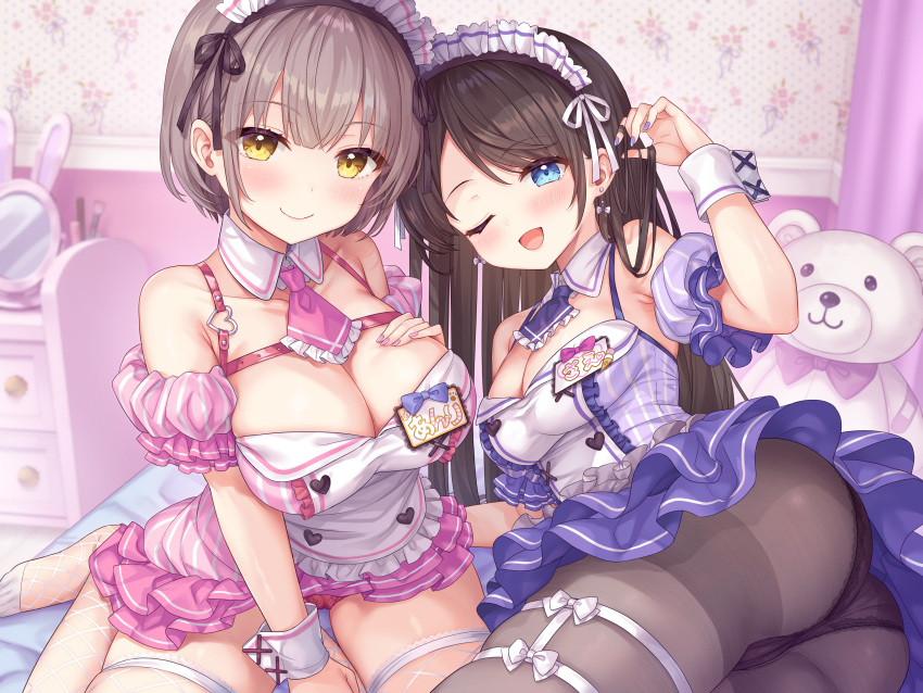 2girls :d absurdres ass bed black_hair black_panties blue_dress blue_eyes blush breasts brown_hair cameltoe cleavage closed_mouth clothes_lift detached_collar dress ear_piercing fishnet_thighhighs fishnets highres indoors large_breasts looking_at_viewer lying maid_headdress medium_breasts mirror multiple_girls nail_polish name_tag non-web_source on_bed on_side one_eye_closed open_mouth original otosume_ruiko panties pantyhose piercing pink_dress pink_panties shelf short_hair sitting skirt skirt_lift smile stuffed_animal stuffed_toy teddy_bear thighhighs thighs underwear wariza white_thighhighs wrist_cuffs yellow_eyes