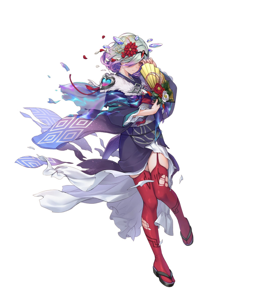 1girl crystal damaged fire_emblem fire_emblem_heroes flower green_eyes grey_hair hair_flower hair_ornament hand_fan highres holding holding_fan japanese_clothes kimono kvasir_(fire_emblem) kvasir_(unknown_future)_(fire_emblem) non-web_source official_alternate_costume official_art paper_fan short_hair solo torn_clothes white_background