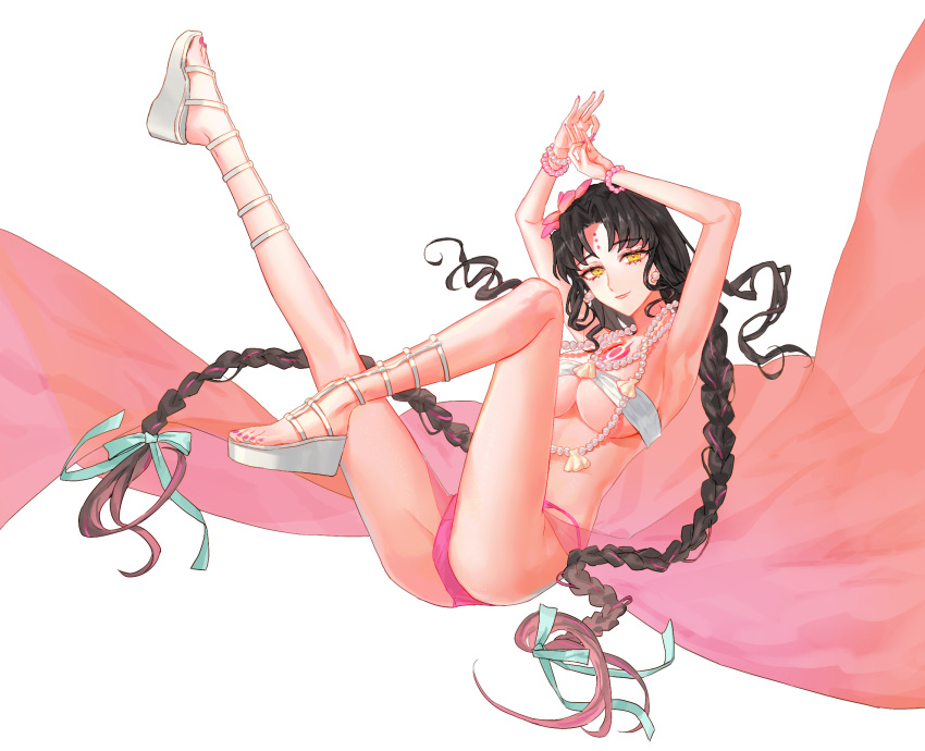 1girl arms_up bamcream bikini black_hair bracelet braid breasts chest_tattoo closed_mouth commentary earrings facial_mark fate/grand_order fate_(series) fingernails flower foot_out_of_frame forehead_mark hair_flower hair_ornament hair_ribbon highres jewelry large_breasts leg_up long_hair looking_at_viewer mudra multicolored_hair nail_polish necklace panties pantyshot parted_bangs pearl_bracelet pearl_earrings pearl_necklace petals pink_flower pink_hair pink_nails pink_panties pink_sarong platform_footwear platform_heels ribbon seashell sessyoin_kiara sessyoin_kiara_(swimsuit_mooncancer) sessyoin_kiara_(swimsuit_mooncancer)_(first_ascension) shell shell_necklace simple_background smile solo streaked_hair swimsuit tattoo toenail_polish toenails twin_braids underboob underwear very_long_hair vitarka_mudra white_background white_bikini white_ribbon yellow_eyes