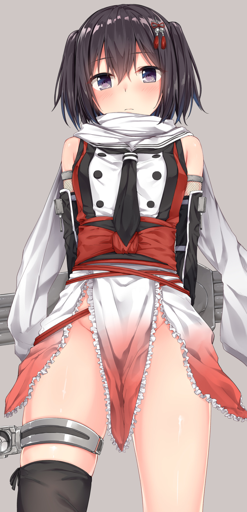 absurdres arms_behind_back bare_shoulders black_gloves black_legwear black_neckwear blush brown_eyes brown_hair buttons closed_mouth cowboy_shot double-breasted elbow_gloves eyebrows_visible_through_hair gloves grey_background hair_between_eyes hair_ornament highres jaku_denpa kantai_collection neckerchief no_panties remodel_(kantai_collection) scarf school_uniform sendai_(kantai_collection) serafuku simple_background single_thighhigh solo standing thighhighs white_scarf