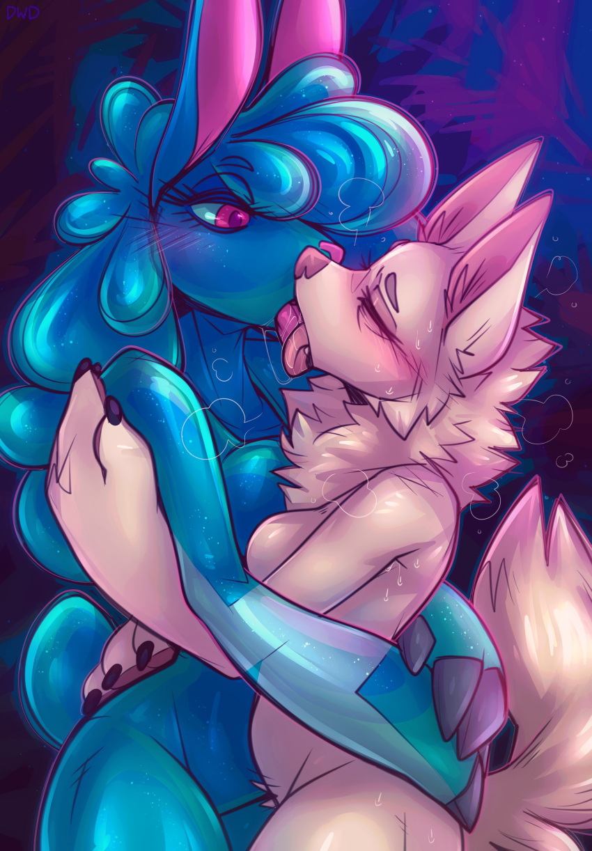 absurd_res anthro biped blue_body blush breasts canid canine dimwitdog eyelashes female female/female french_kissing fur hair hi_res kissing mammal nude pupils tongue tongue_out