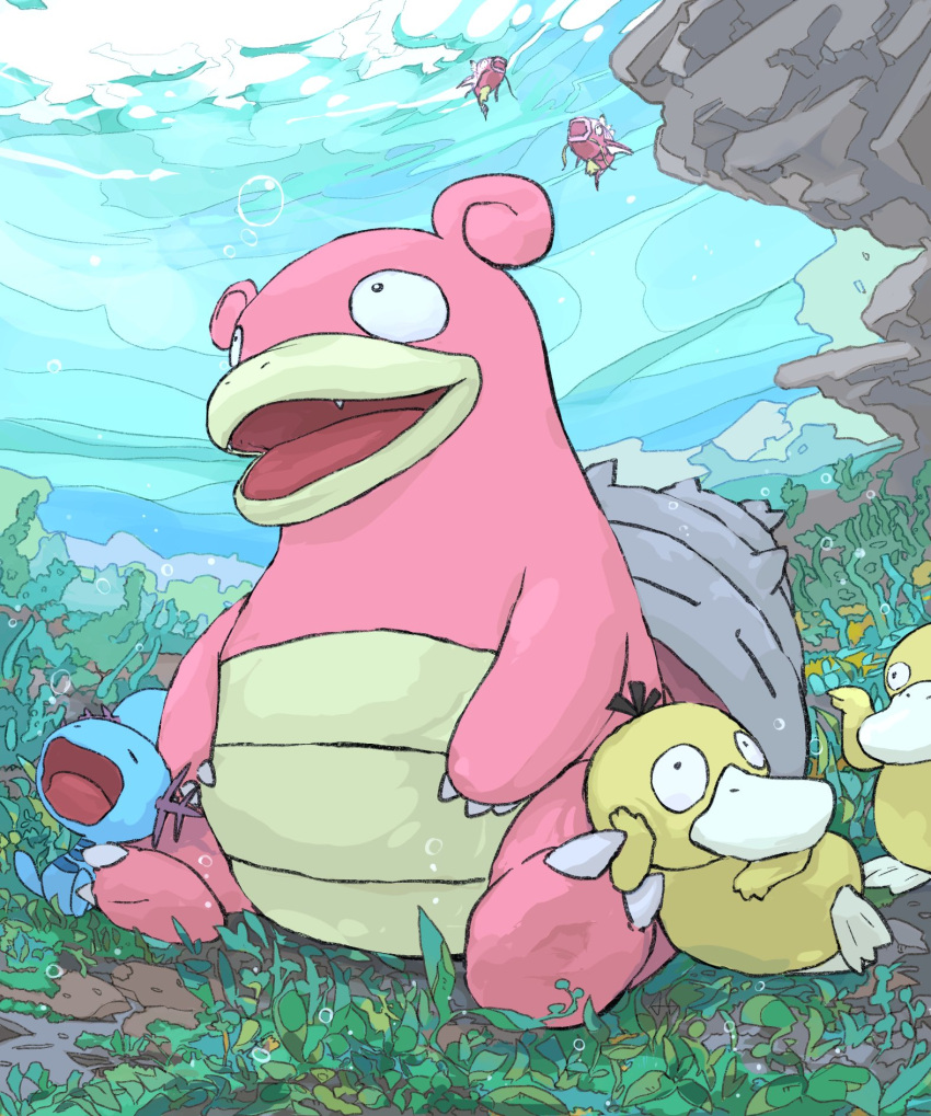 animal_focus aomon_(yuuji7604) bird bubble colored_skin commentary duck fangs fish highres magikarp no_humans open_mouth pink_skin pokemon pokemon_(creature) psyduck sitting slowbro sunlight underwater wooper yawning