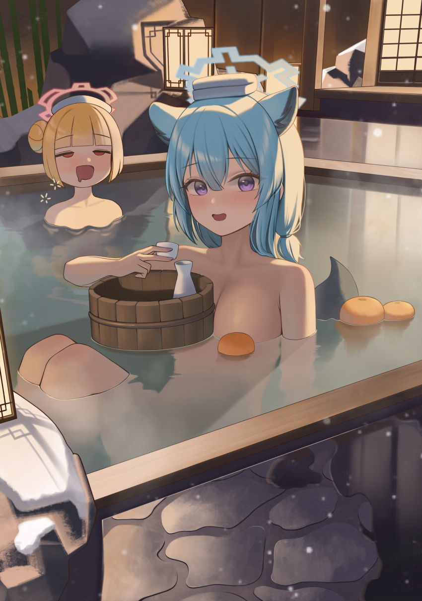 2girls absurdres animal_ears bathing blonde_hair blue_archive blue_halo breasts green_hair halo highres looking_at_viewer medium_breasts multiple_girls nodoka_(blue_archive) nodoka_(hot_spring)_(blue_archive) official_alternate_costume onsen partially_submerged purple_eyes red_eyes red_halo shigure_(blue_archive) shigure_(hot_spring)_(blue_archive) short_hair tail water weasel_ears weasel_tail welsh_(wel_sh)