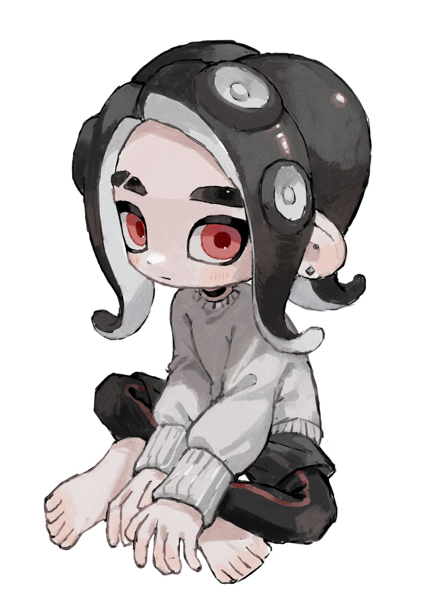 1boy barefoot black_choker black_hair black_pants choker closed_mouth commentary ear_piercing eyebrow_cut full_body grey_sweater highres medium_hair myon_rio octoling octoling_boy pants piercing red_eyes simple_background sitting solo splatoon_(series) sweater tentacle_hair white_background