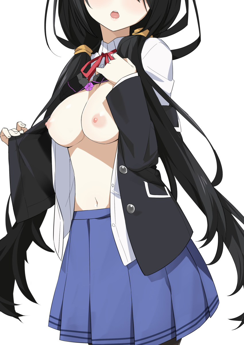 1girl black_bra black_hair blue_skirt bra bra_lift breasts cleavage date_a_live head_out_of_frame highres large_breasts long_hair morisobo nipples open_clothes open_mouth open_shirt paid_reward_available red_ribbon ribbon school_uniform shirt simple_background skirt solo teeth tokisaki_kurumi tongue twintails underwear upper_teeth_only very_long_hair white_background white_shirt