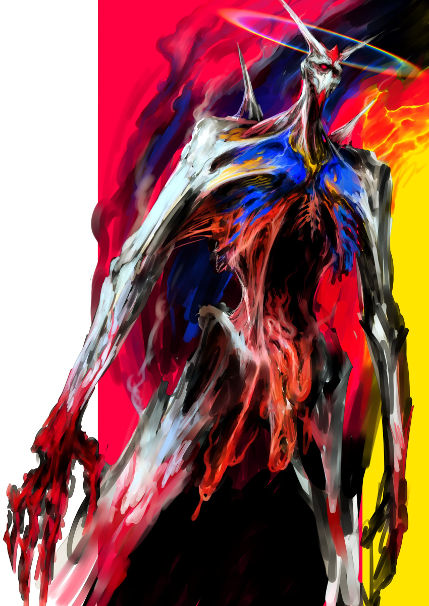 abstract_background absurdres biomechanical blood blue_skin broken_ribs colored_skin entrails glowing glowing_eye gundam guro halo highres horns mobile_suit monster monsterification multicolored_skin organs rainbow rainbow_halo red_eyes red_skin ribs rx-78-2 undead white_skin witnesstheabsurd yellow_skin