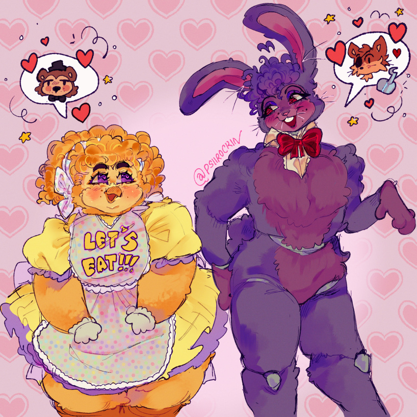 &lt;3 alternate_form ambiguous_gender animatronic anthro apron avian beak bear bird bonnie_(fnaf) bow_tie canid canine chica_(fnaf) chicken clothed clothing curled_hair dress duo feathers female five_nights_at_freddy's fox foxy_(fnaf) freddy_(fnaf) fur galliform gallus_(genus) hair hi_res lagomorph leporid machine mammal phasianid psiirockin purple_body purple_fur rabbit robot scottgames smile teeth whiskers yellow_body yellow_feathers