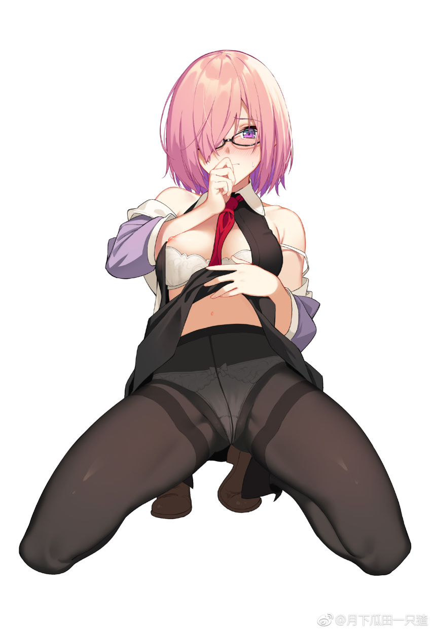 absurdres ass_visible_through_thighs black-framed_eyewear black_legwear blush bra breasts cropped crotch_seam dress dress_lift fate/grand_order fate_(series) glasses hair_over_one_eye hand_to_own_mouth highres icarus_(632247131) mash_kyrielight medium_breasts navel nipple_slip nipples off_shoulder open_clothes open_dress panties panties_under_pantyhose pantyhose pink_hair purple_eyes short_dress short_hair simple_background solo squatting strap_slip thighband_pantyhose underwear weibo_username white_background white_bra white_panties