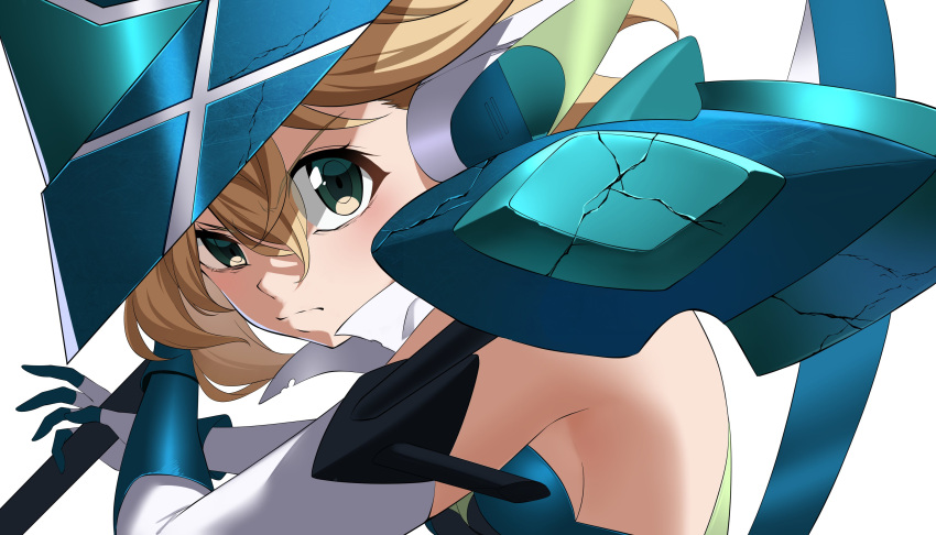 1girl absurdres akatsuki_kirika armor bodysuit breasts closed_mouth elbow_gloves gloves green_bodysuit green_eyes green_headwear headgear highres holding holding_scythe light_brown_hair looking_at_viewer medium_hair nyanmaru scythe senki_zesshou_symphogear shoulder_armor sideboob simple_background solo white_background