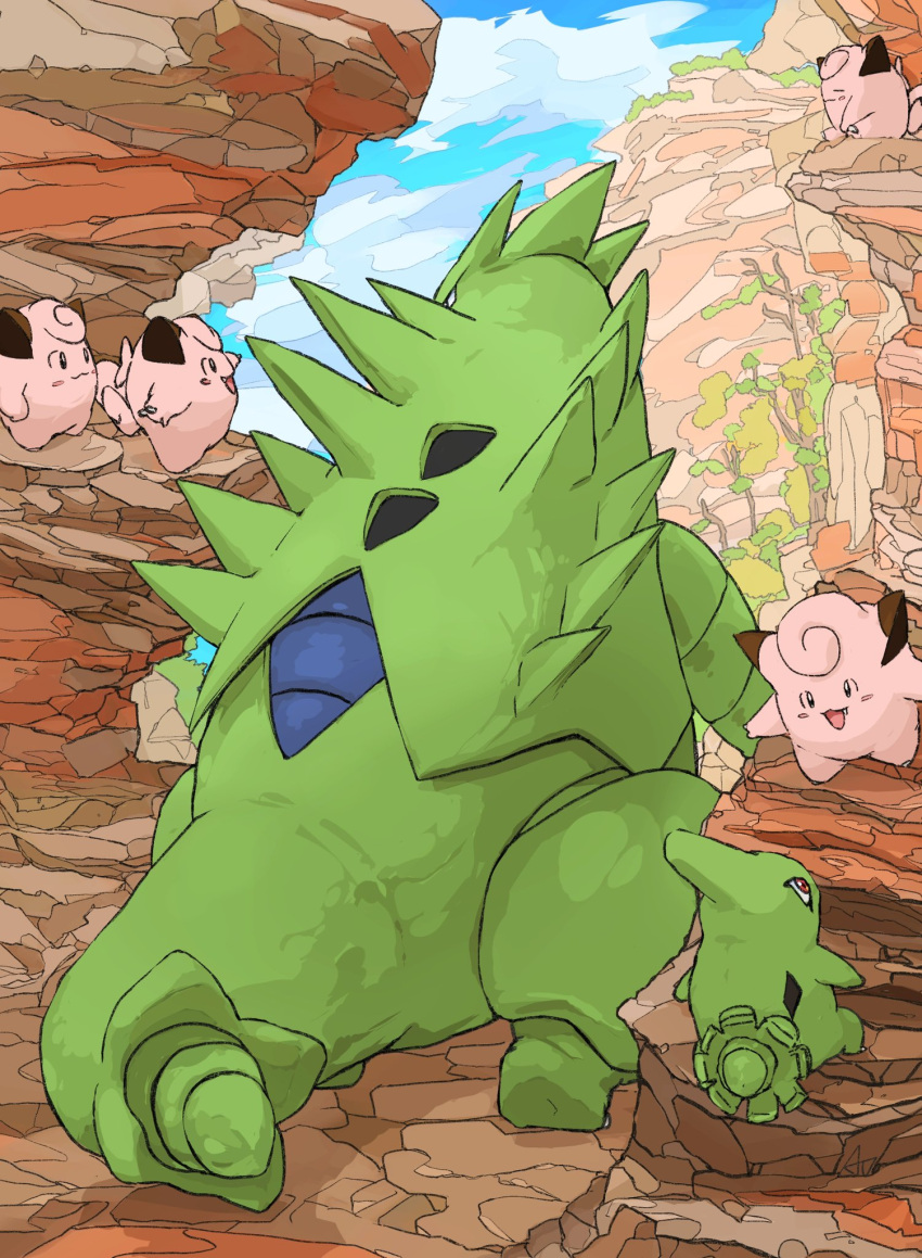 animal_focus aomon_(yuuji7604) black_eyes blue_sky canyon clefairy cloud colored_skin commentary evolutionary_line fang from_behind full_body green_skin highres larvitar no_humans open_mouth outdoors pink_skin pokemon pokemon_(creature) red_eyes sky spikes tail tyranitar