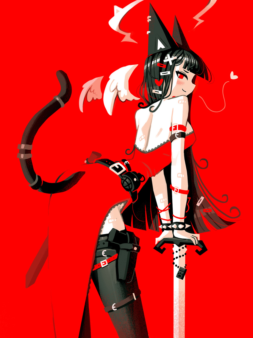 1girl andaerz animal_ears back_cutout bare_back bare_shoulders belt black_belt black_hair black_thighhighs bracelet cat_ears clothing_cutout dress explosive feathered_wings from_behind grenade gun hair_ornament hairclip highres jewelry leaning_forward original planted planted_sword red_dress red_eyes side_slit sleeveless sleeveless_dress smile solo spiked_bracelet spikes sword thighhighs weapon white_wings wings