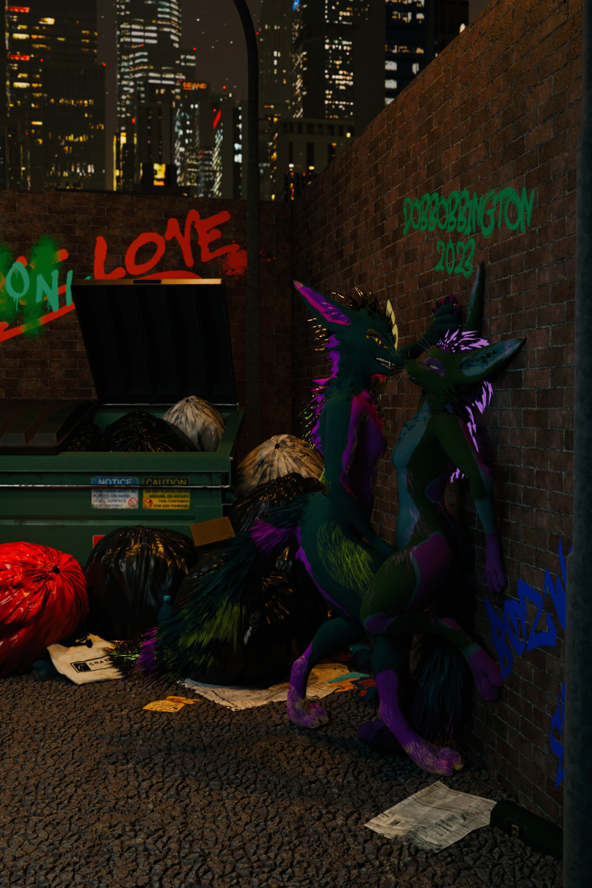 2023 2:3 3d_(artwork) absurd_res against_surface against_wall alley anthro artist_name bioluminescence breasts canid canine city city_background claws detailed_background digital_media_(artwork) dobbobbington dominant dominant_female dumpster duo eye_roll female female/female finger_claws fingering fox fur glowing gold_claws graffiti green_body green_fur hand_holding hi_res mammal night open_mouth outside pink_body pink_fur portrait rexouium sky small_breasts standing tail text toe_claws tongue vaginal vaginal_fingering watermark