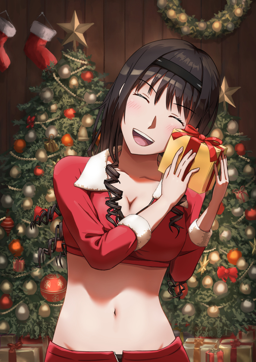 1girl amagami black_hair black_hairband blush box breasts christmas christmas_tree cleavage closed_eyes collarbone cropped_jacket curly_hair drill_hair gift gift_box hairband highres holding holding_gift indoors jacket long_hair medium_breasts mikawa_mikan morishima_haruka navel open_mouth partially_unzipped red_jacket red_shorts santa_costume shorts