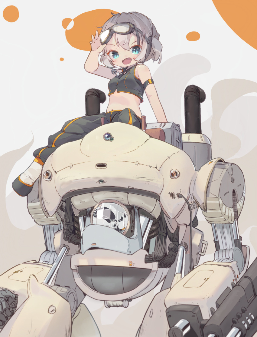 1girl :d absurdres adjusting_goggles aqua_eyes arm_strap bare_shoulders black_footwear black_pants boots breasts cable commentary_request crop_top fang goggles goggles_on_head grey_hair hand_up highres industrial_pipe jewelry mecha medium_hair midriff necklace nep_(nep_76) nut_(hardware) open_mouth original pants pants_tucked_in robot short_twintails skin_fang sleeveless small_breasts smile solo twintails v-shaped_eyebrows white_footwear