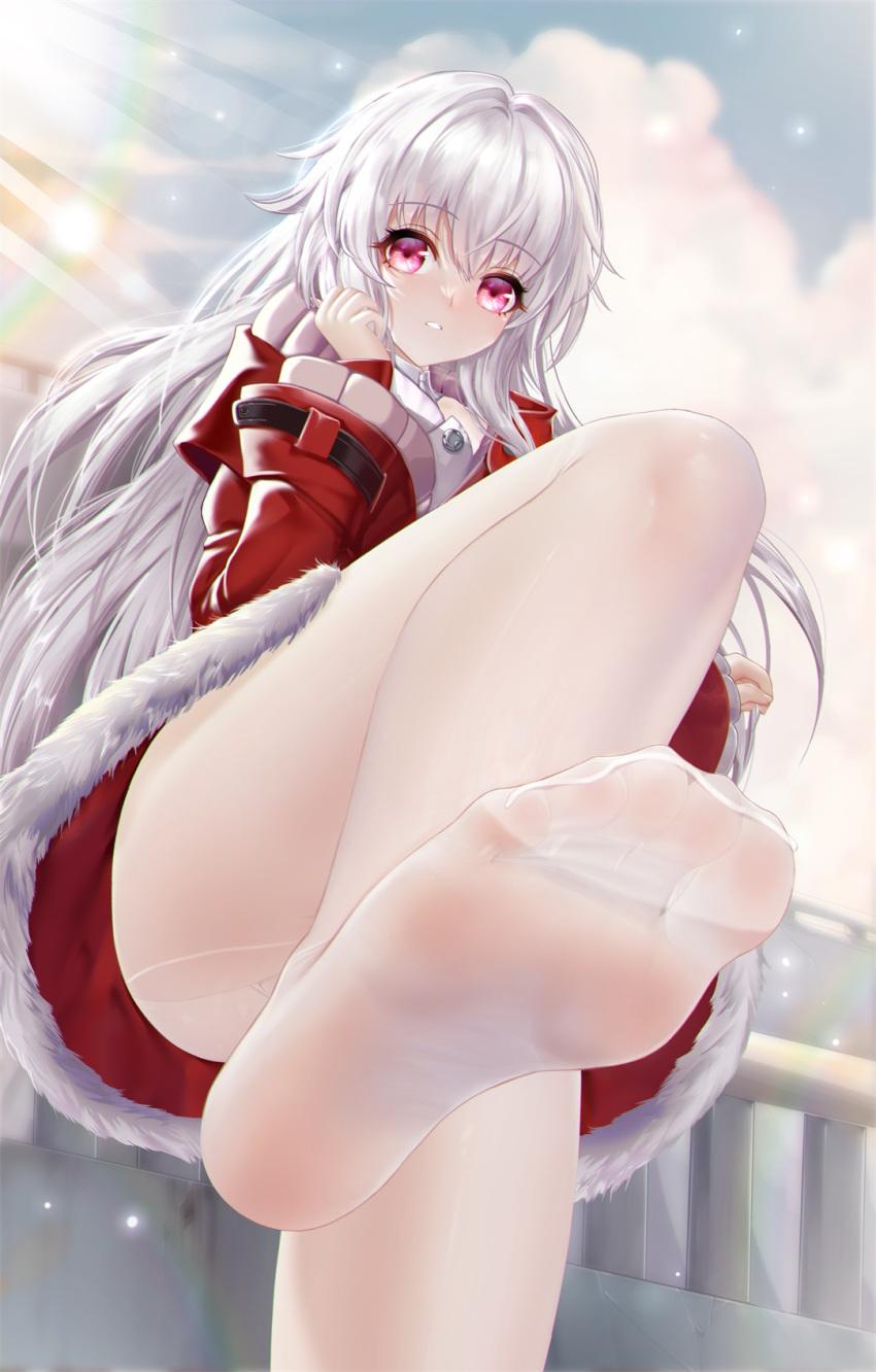 1girl blurry blurry_background blush clara_(honkai:_star_rail) convenient_leg depth_of_field eyelashes feet foot_focus foot_up fur-trimmed_jacket fur_trim grey_hair hair_between_eyes hands_up highres honkai:_star_rail honkai_(series) jacket kamue knee_up legs long_hair long_sleeves looking_at_viewer no_shoes outdoors paid_reward_available panties panties_under_pantyhose pantyhose pink_eyes red_jacket shirt soles solo standing standing_on_one_leg toes underwear very_long_hair white_panties white_pantyhose white_shirt wide_sleeves