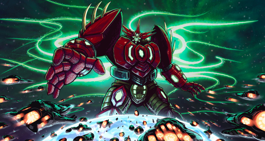 armor earth_(planet) emeraldcodex energy energy_tentacles facing_viewer fleet getter_emperor getter_rays getter_robo glowing glowing_eyes green_light highres mecha mecha_focus multicolored_armor no_humans planet reaching reaching_towards_viewer red_armor reflective_surface robot science_fiction shoulder_spikes size_difference space spacecraft spikes super_robot thrusters yellow_armor yellow_eyes