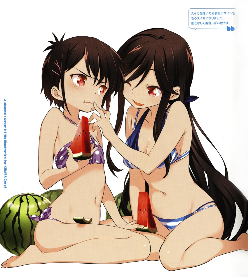 a_channel absurdres black_hair food fruit highres huge_filesize ichii_tooru kuroda_bb multiple_girls nishi_yuuko swimsuit watermelon