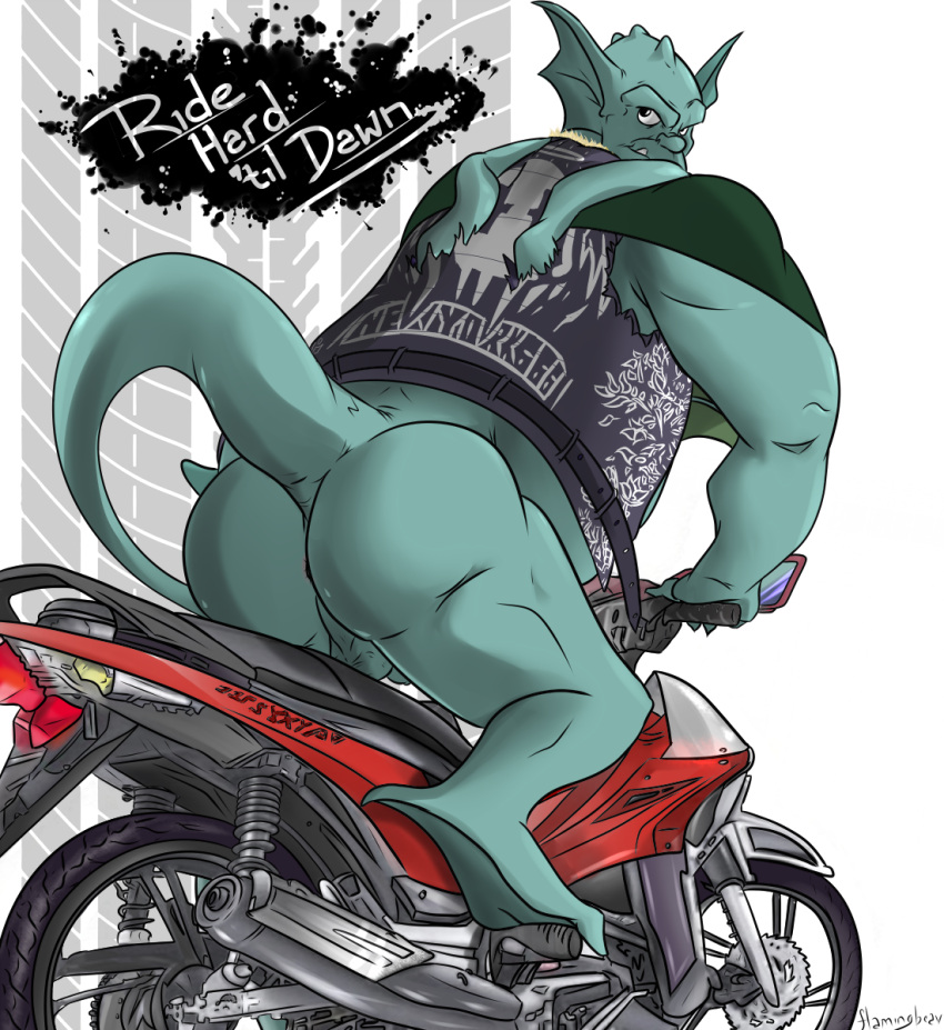 anus balls biker bottomless broadway_(gargoyles) butt clothed clothing disney english_text feet flamingbeaver gargoyle gargoyles genitals hi_res looking_at_viewer male membrane_(anatomy) membranous_wings motorcycle overweight penis solo talons text toes vehicle wings
