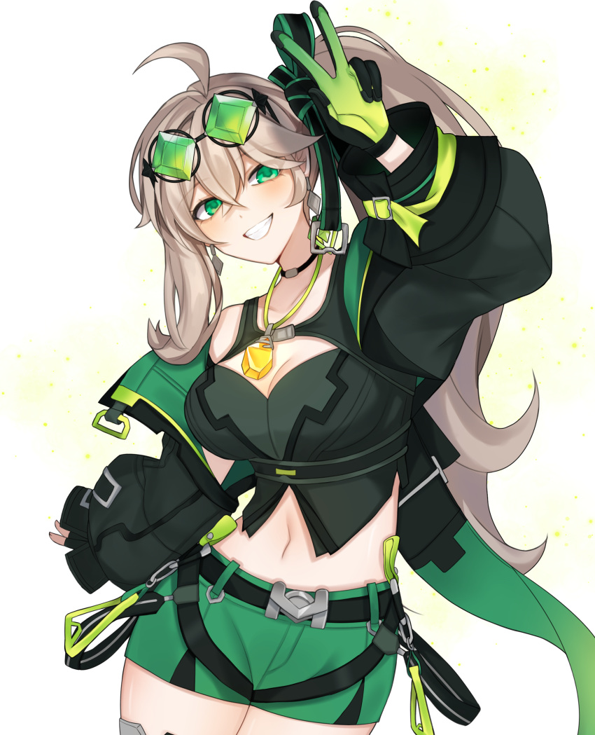 1girl absurdres ahoge belt black_gloves brown_hair earrings elsword eyewear_on_head gembliss_(elsword) gloves green_eyes green_gloves highres jacket jewelry lithia_beryl_(elsword) long_hair long_sleeves multicolored_clothes multicolored_gloves navel open_clothes open_jacket open_mouth ponytail short_shorts shorts sindellnwza smile solo teeth thighhighs